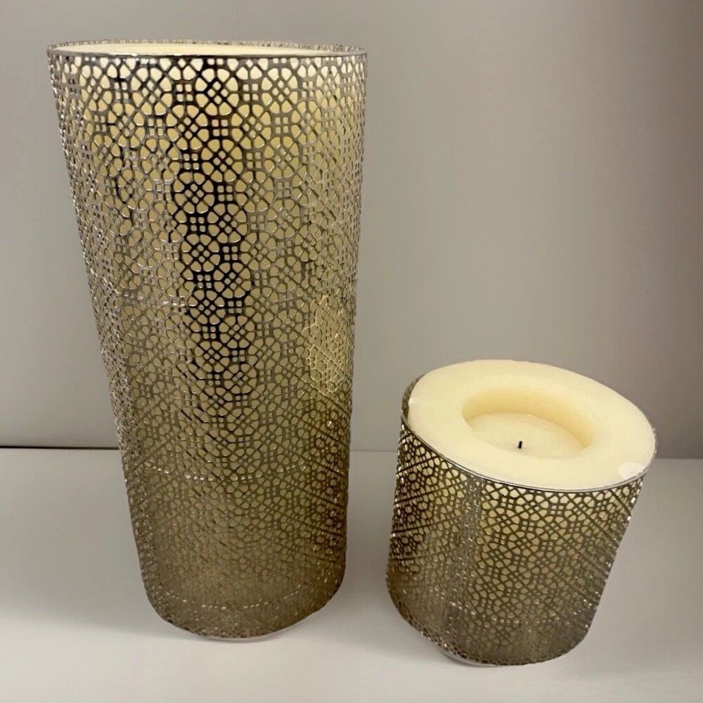 golden Metal Filigree Candle Holders & LED Candle 12.5” 7.5” Occasion Decoration